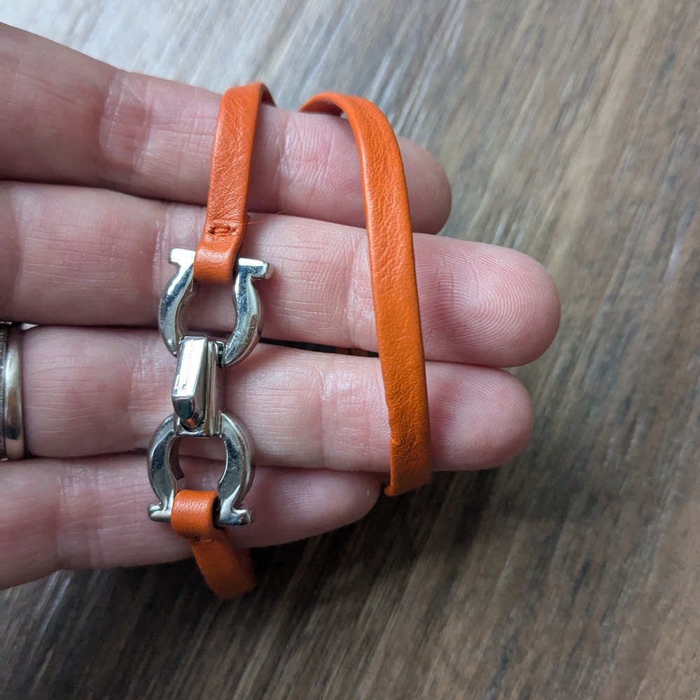 Orange Leather Bracelet with Silver Accents